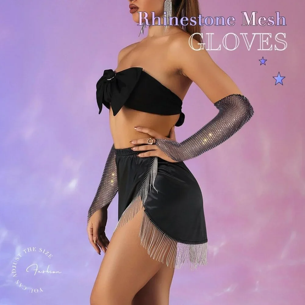 Women's Rhinestone Long Arm Rave Sleeves Fingerless Gloves Black Fishnet